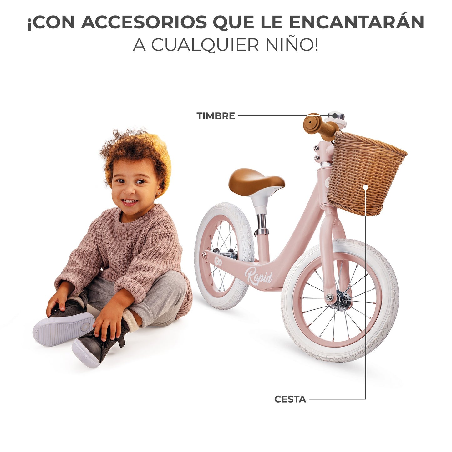 Kinderkraft  Bicicleta Sin Pedales RAPID 2 , 2 Años, Sólida, Para los Niñas y Niños, Segura, Ajustable